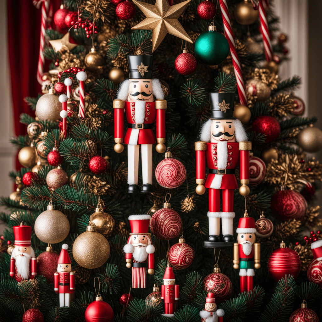 Christmas tree with nutcrackers and candy cane ornaments.