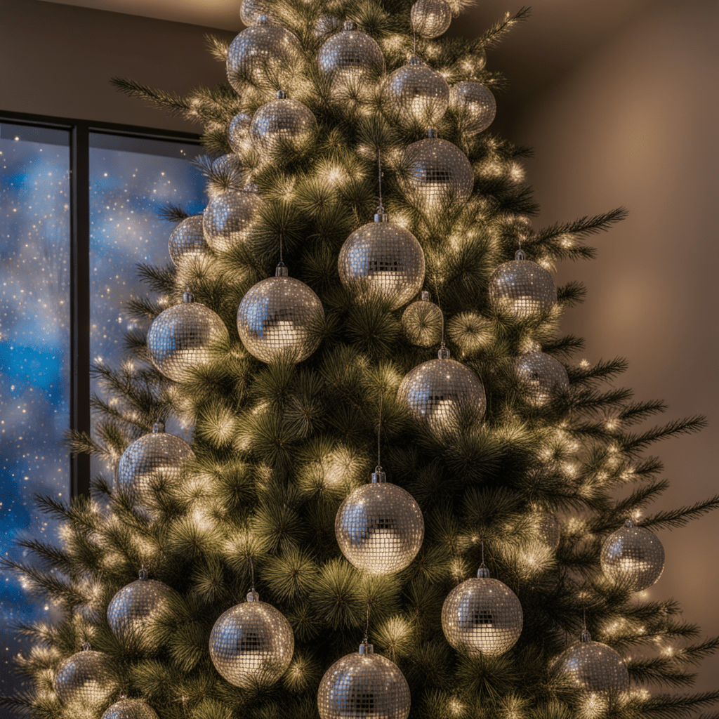 A Christmas tree decorated with disco balls.