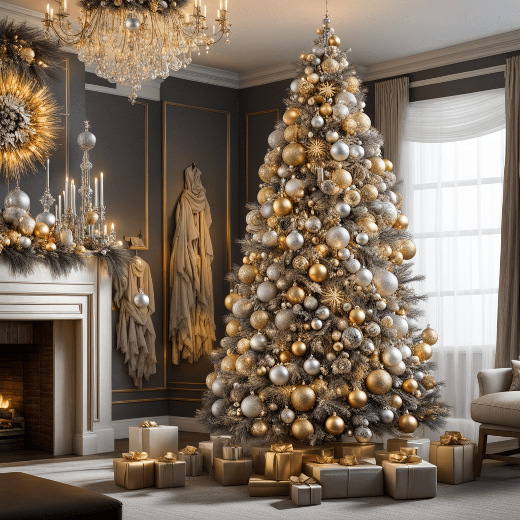 Christmas tree with silver and gold ornaments displayed on it.