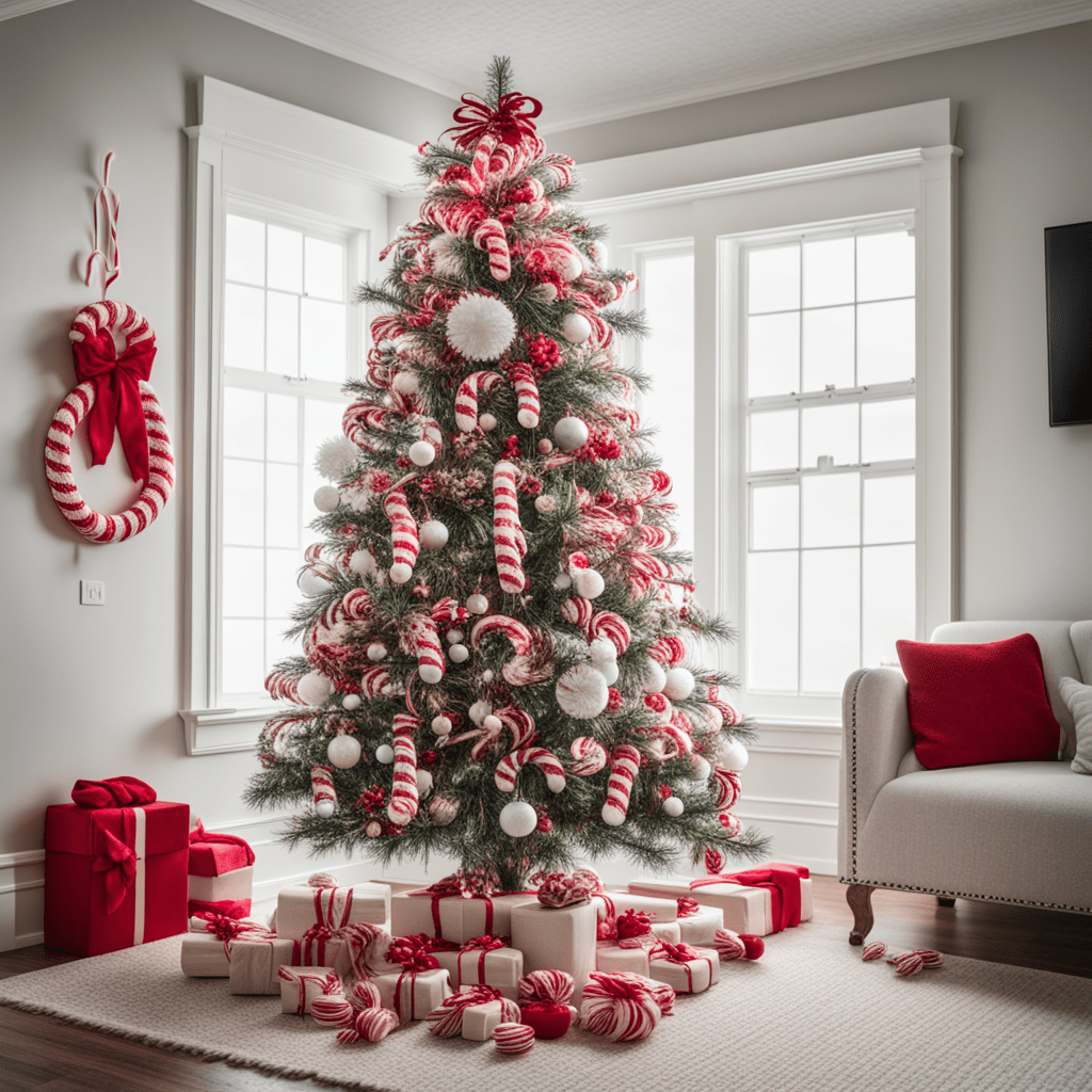 Christmas tree with red and white candy cane ornaments.