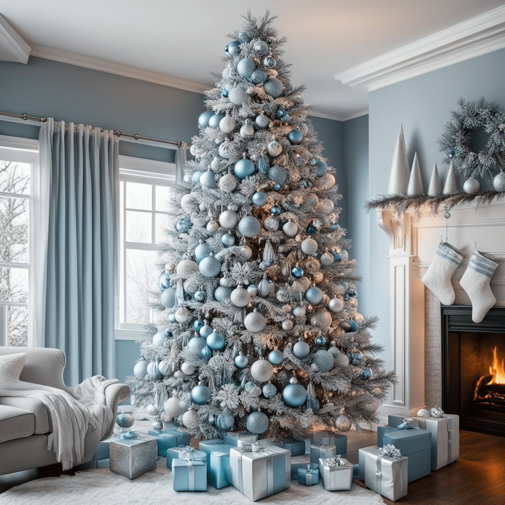 Christmas tree with blue and silver ornaments.