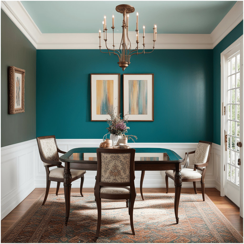 Drawing room with grey and blue accent wall.