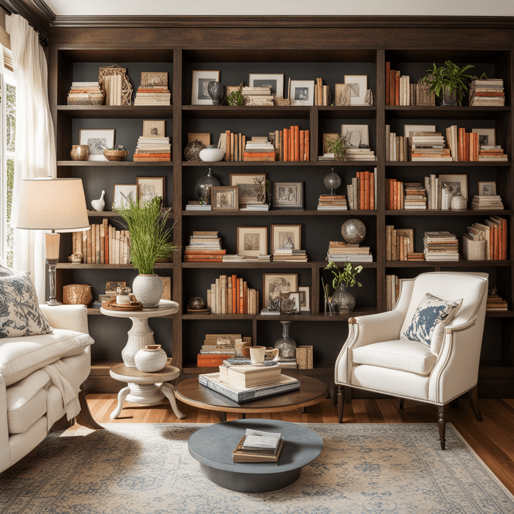 drawing room having shelves filled with books and decorative items.