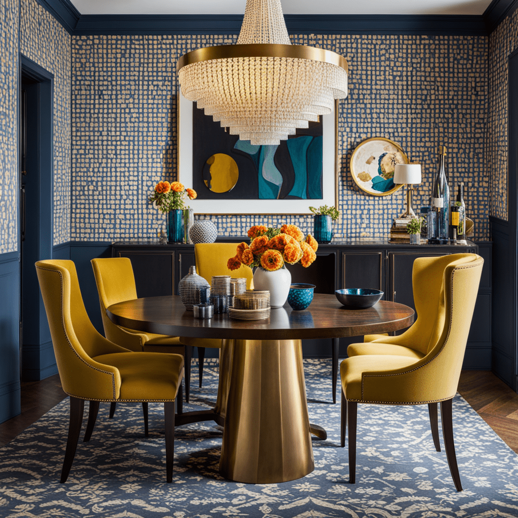 A maximalist interior design with some 
golden chairs and a table.