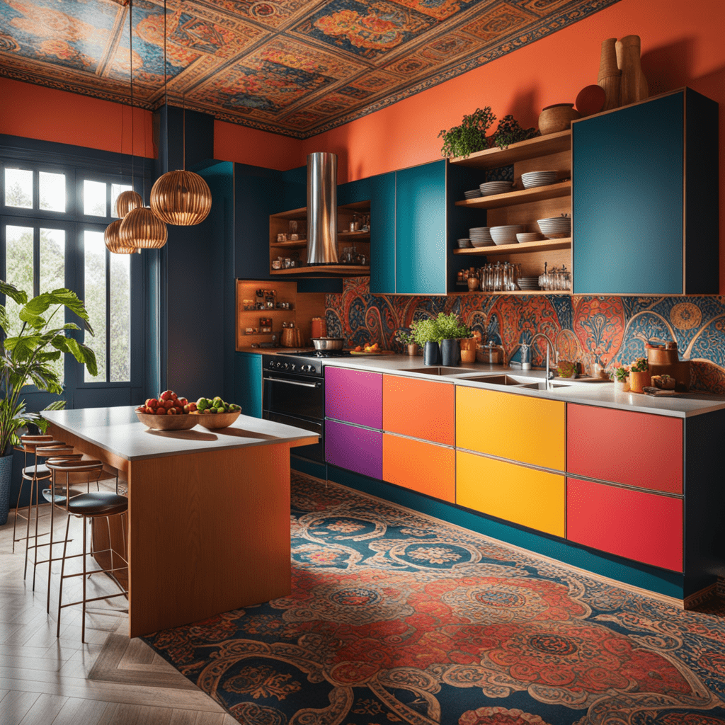 A kitchen with maximalist interior design.