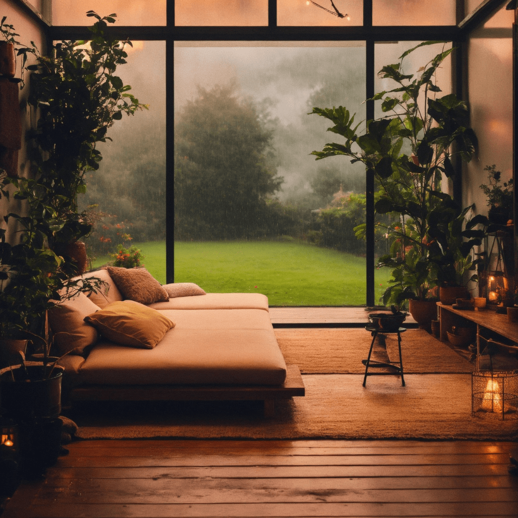 Bedroom having natural elements and outdoors in view.