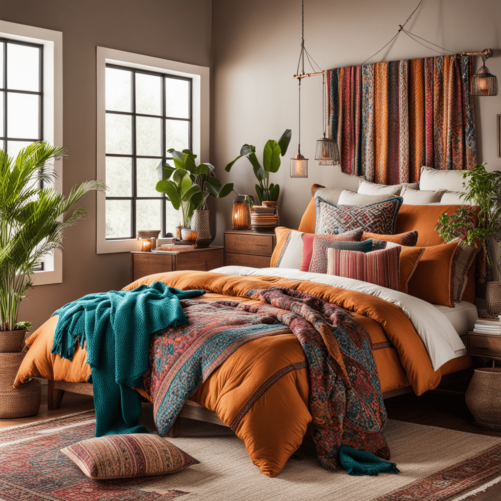 A cozy bohemian bedroom with layered textiles and vibrant throw pillows.