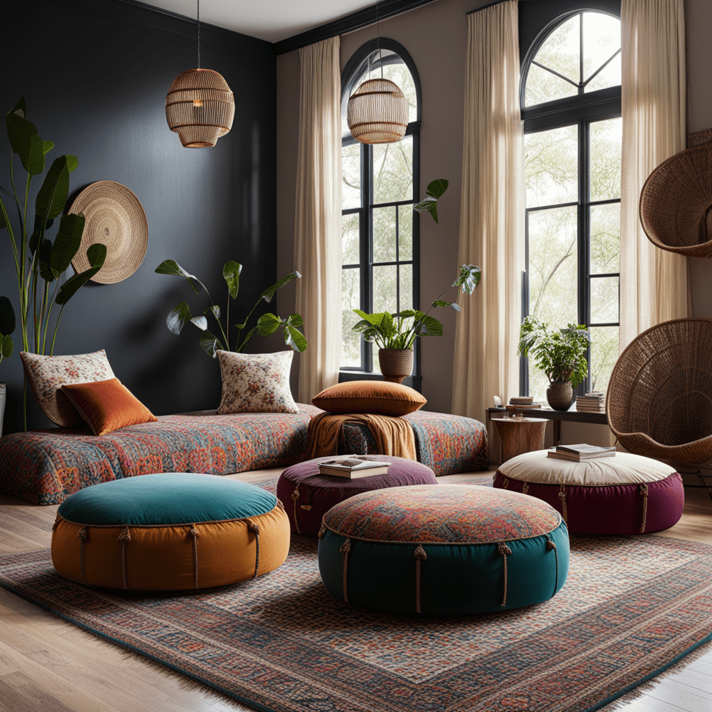 A low-seating arrangement featuring floor cushions and poufs for a relaxed atmosphere in bohemian bedroom.