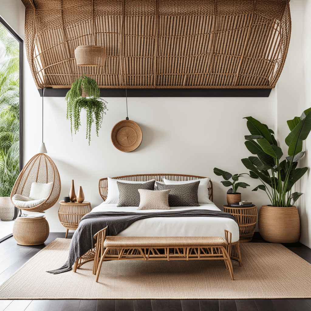 Rattan and wicker furniture adding a natural and boho feel to the bedroom.