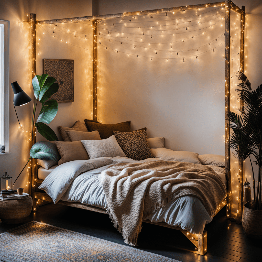 Fairy lights draped around the bed frame for a magical boho atmosphere.