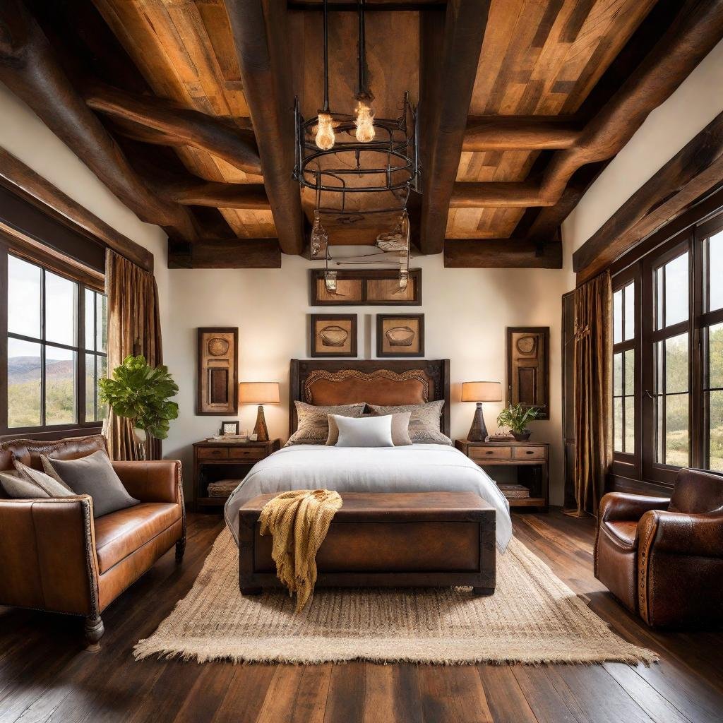 A western bedroom with cowboy chic furniture.