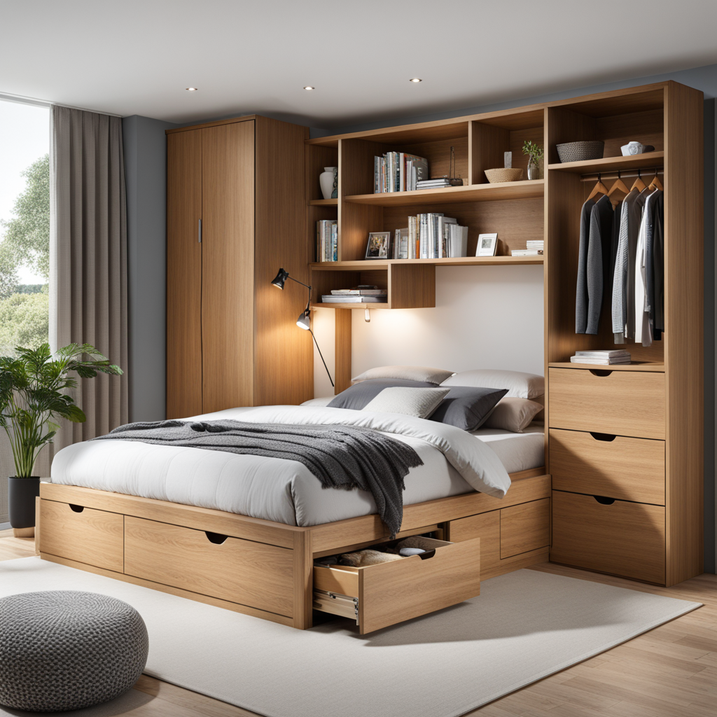 An image showcasing a bed with built-in storage, demonstrating the clever use of multi-functional furniture in a small simple bedroom. The storage compartments are seamlessly integrated, providing a practical solution without compromising on style.