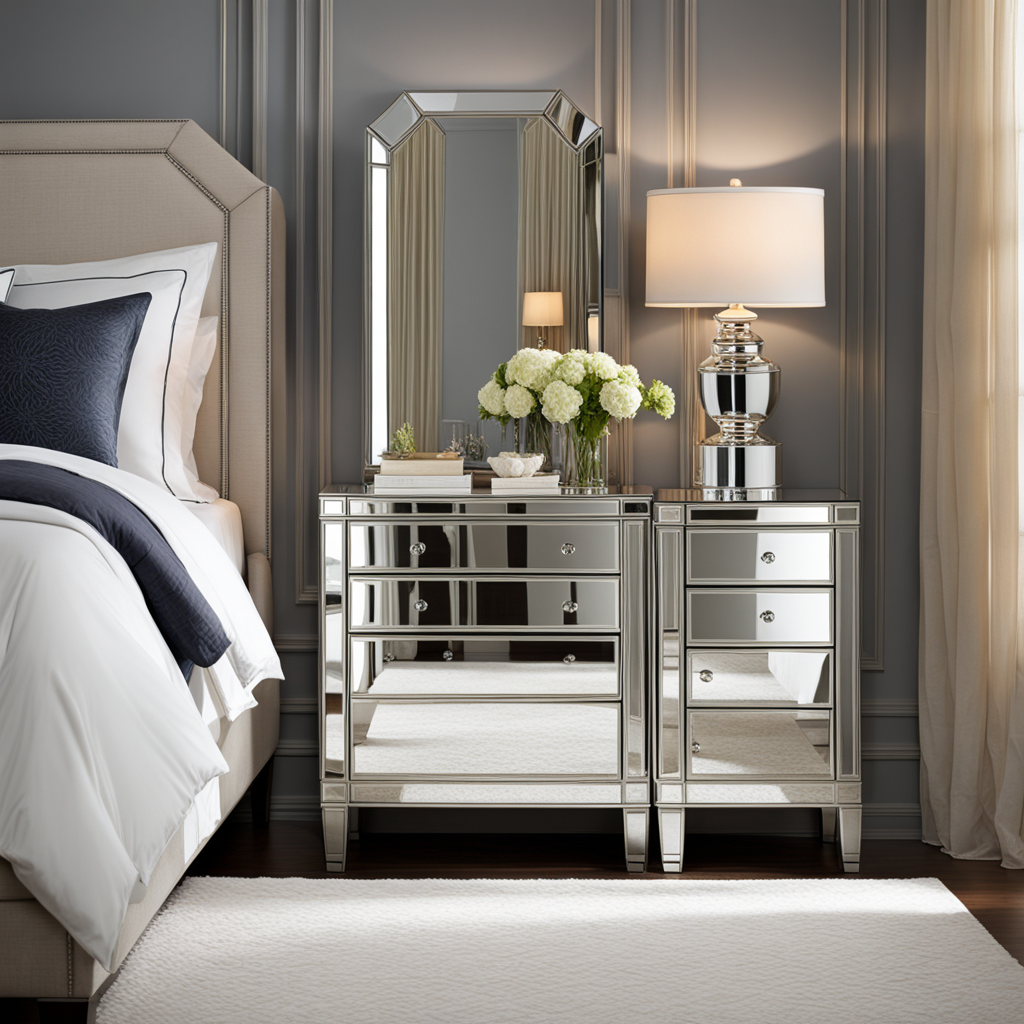 A bedroom showcasing the elegance of mirrored furniture. Mirrored nightstands or dressers reflect light and surroundings, creating a sophisticated and visually expanded feel in a small space.