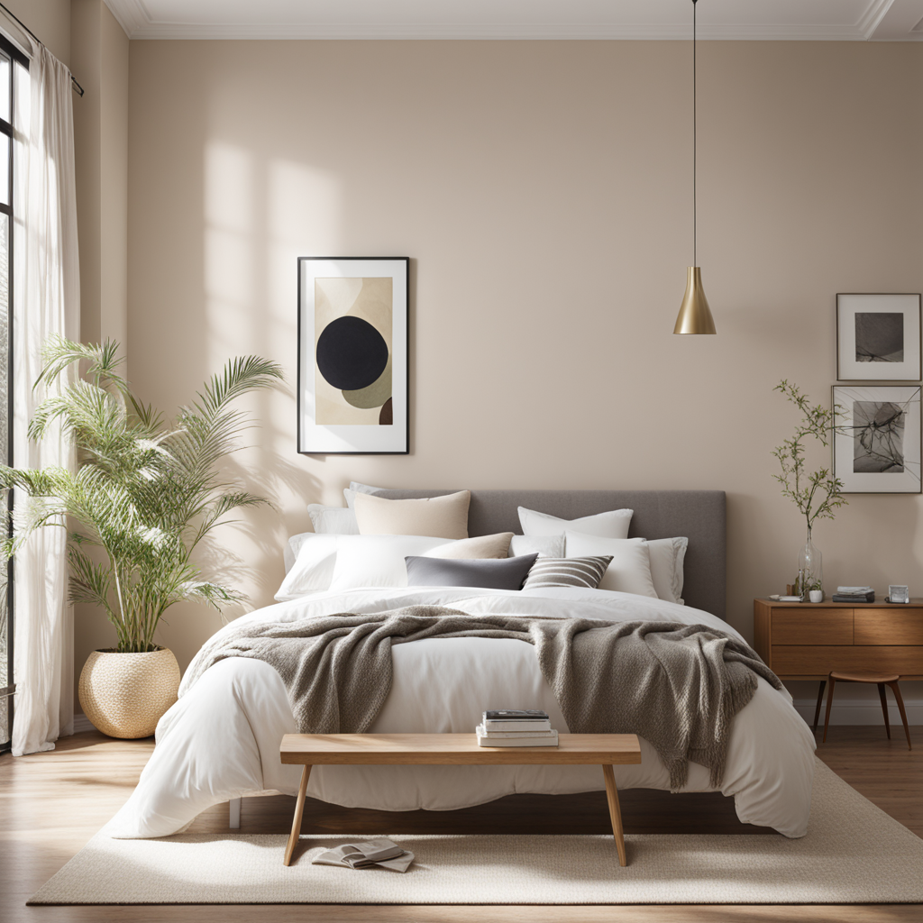 A simple bedroom bathed in soft, light hues, creating a bright and airy atmosphere. The wall color reflects natural light, visually expanding the space and making the room feel inviting and open.