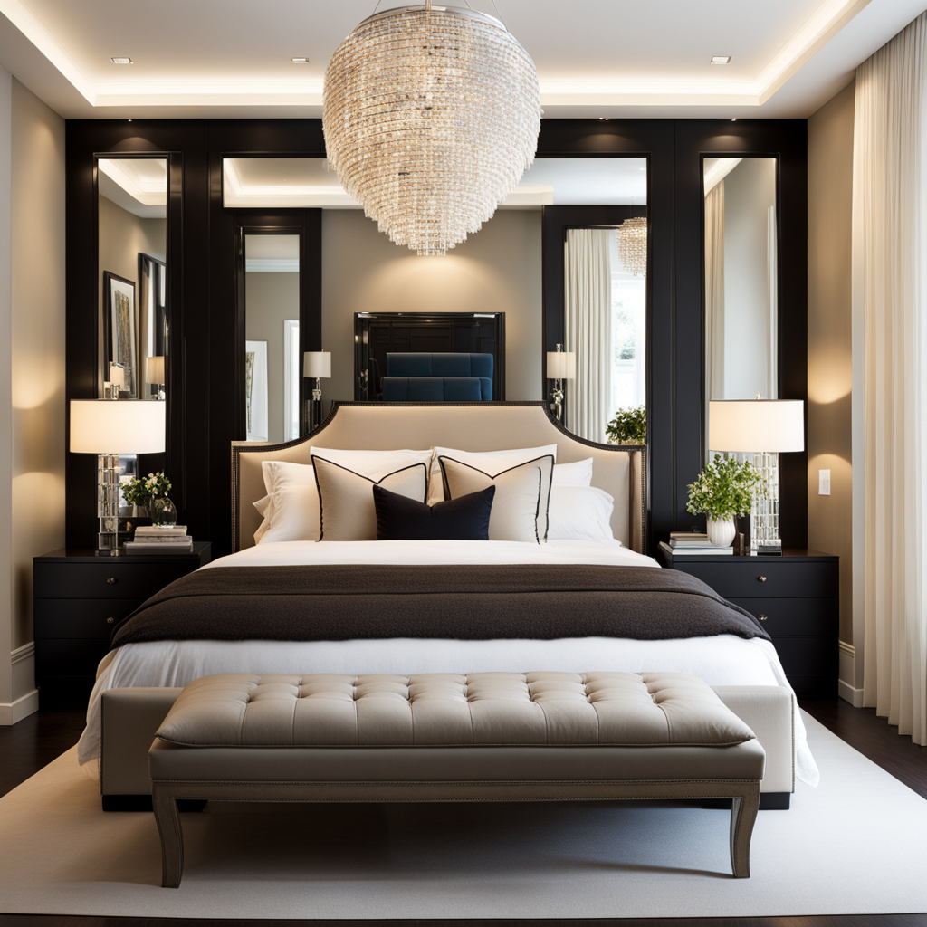 An elegantly decorated small bedroom with strategically placed mirrors. The mirrors reflect light, adding depth to the room and contributing to a sense of spaciousness while serving as stylish decor elements.