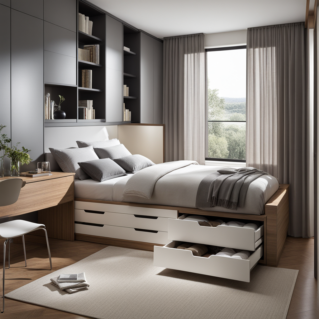 An image of a small bedroom capturing the practicality of under-bed storage. Drawers or containers beneath the bed efficiently utilize the often overlooked space, storing extra linens and belongings discreetly.