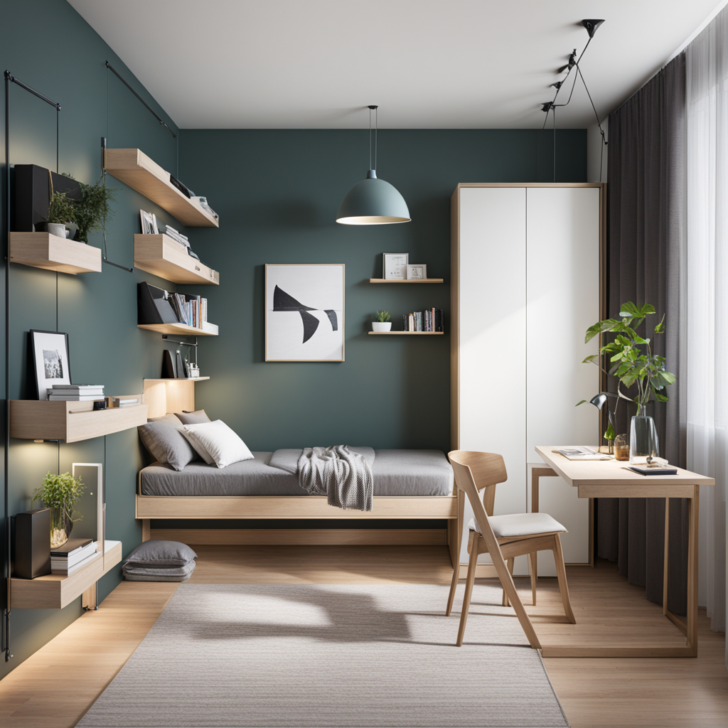 A snapshot of a bedroom with foldable furniture in action. A foldable desk or chair is cleverly tucked away, showcasing how these space-saving solutions provide flexibility and functionality in a small room.