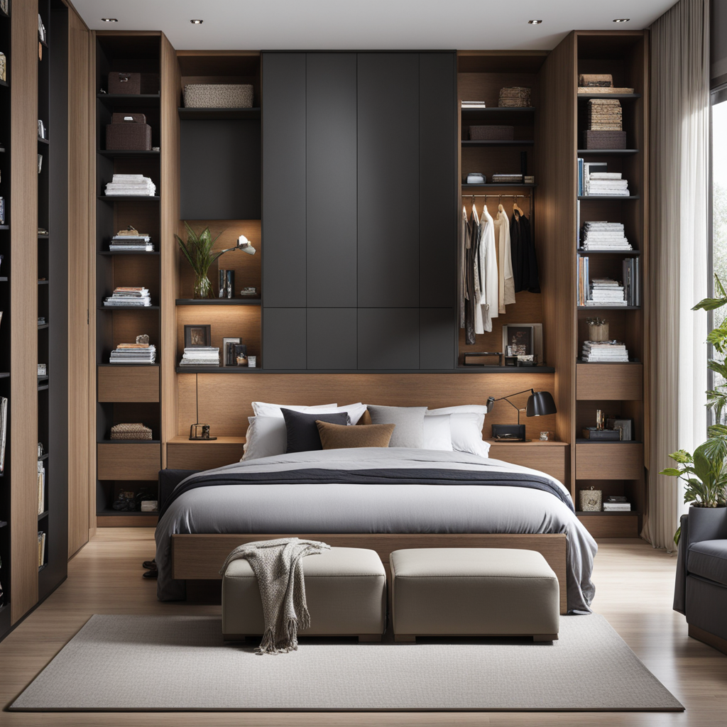 A vertically organized bedroom with tall dressers and wall-mounted storage units. The use of vertical space draws the eye upward, emphasizing the height of the small room and maximizing storage capacity.