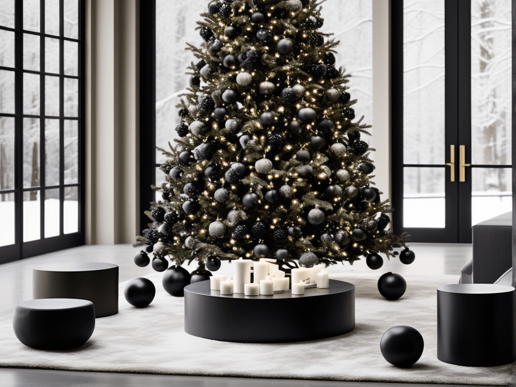 An enchanting snapshot of a Christmas tree adorned entirely in black ornaments. The monochromatic look radiates purity and simplicity, creating a serene and visually stunning centerpiece that captures the magic of the season.