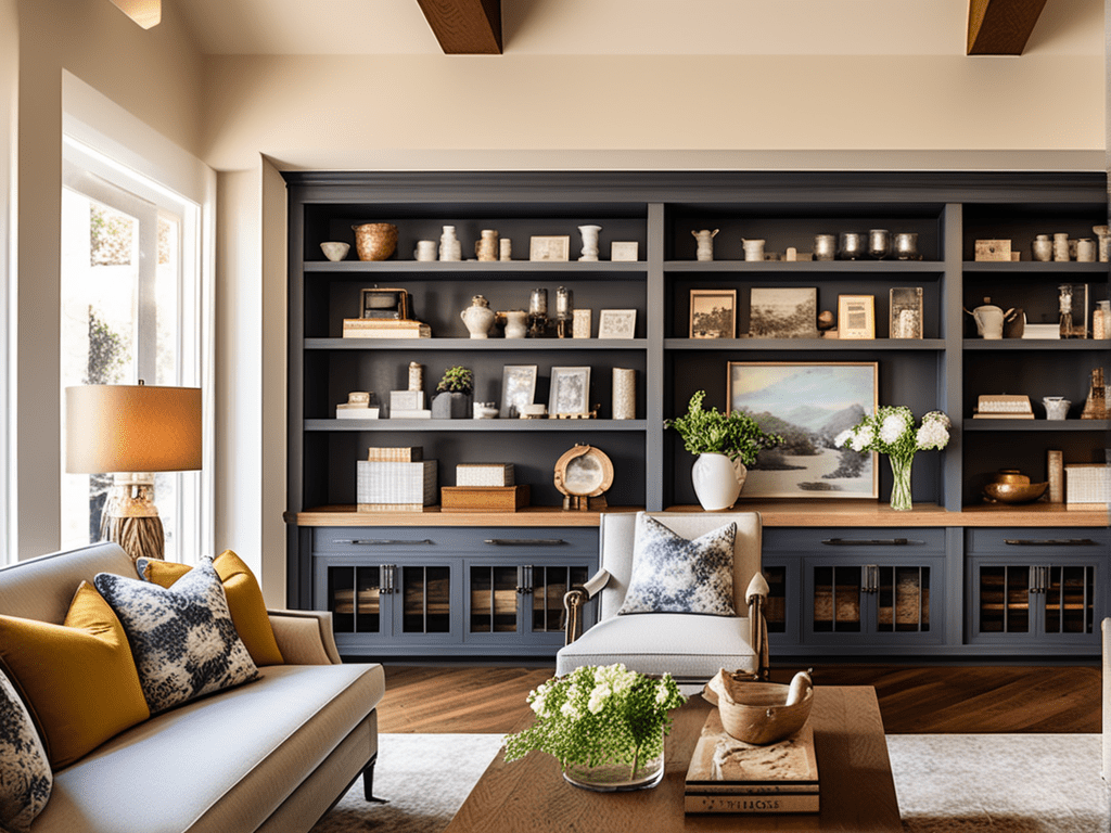 An image capturing the charm of a living room with custom-built cabinets featuring personalized display shelves. The shelves showcase a curated collection of family photographs, heirlooms, and meaningful artifacts. This personalized touch transforms the cabinet into a unique and sentimental focal point.