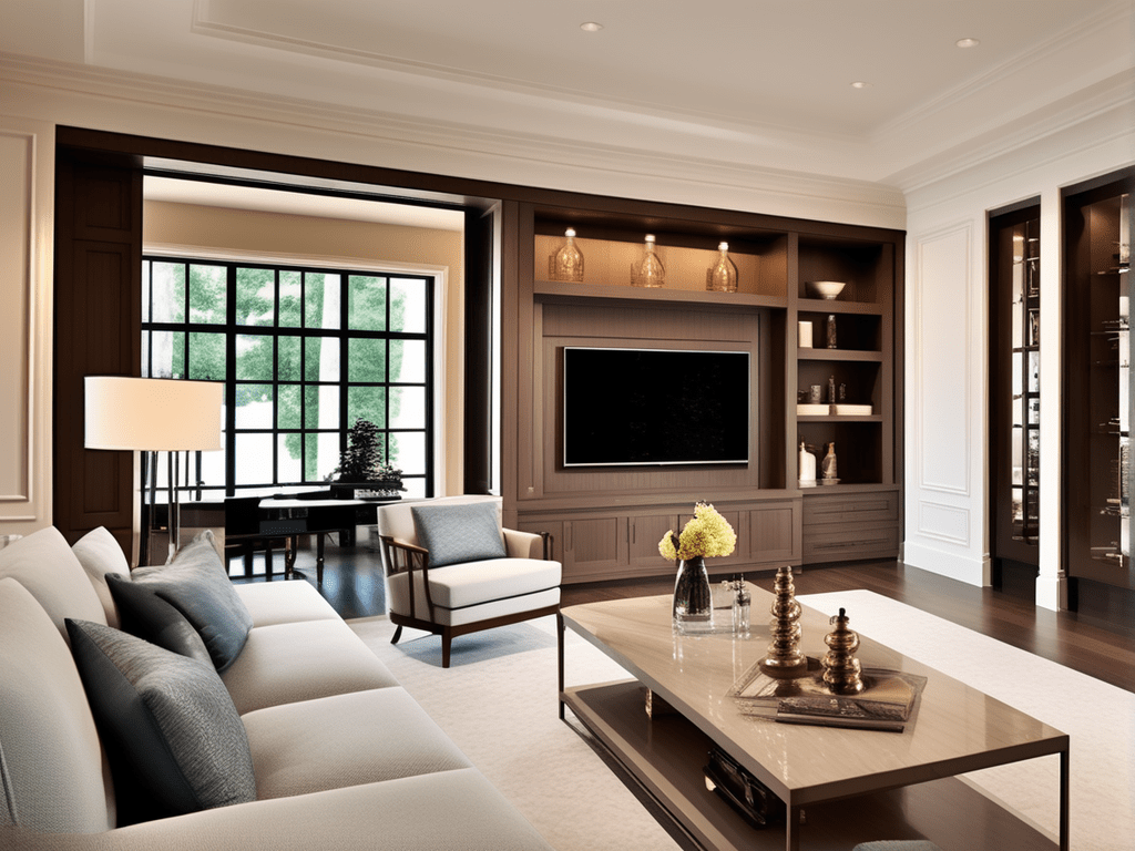 An image portraying a living room with custom-built cabinets that perfectly fit the dimensions and style of the space. The cabinets are uniquely designed to accommodate specific needs, showcasing a blend of craftsmanship and functionality. This image captures the essence of tailored perfection in living room cabinet design.