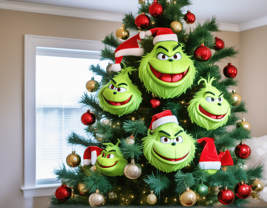 A Grinch Christmas tree with Grinch face ornaments in the living room.