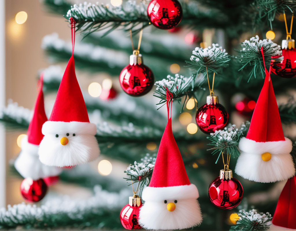 A Close-up shot of a Christmas tree with Santa hats as ornaments.