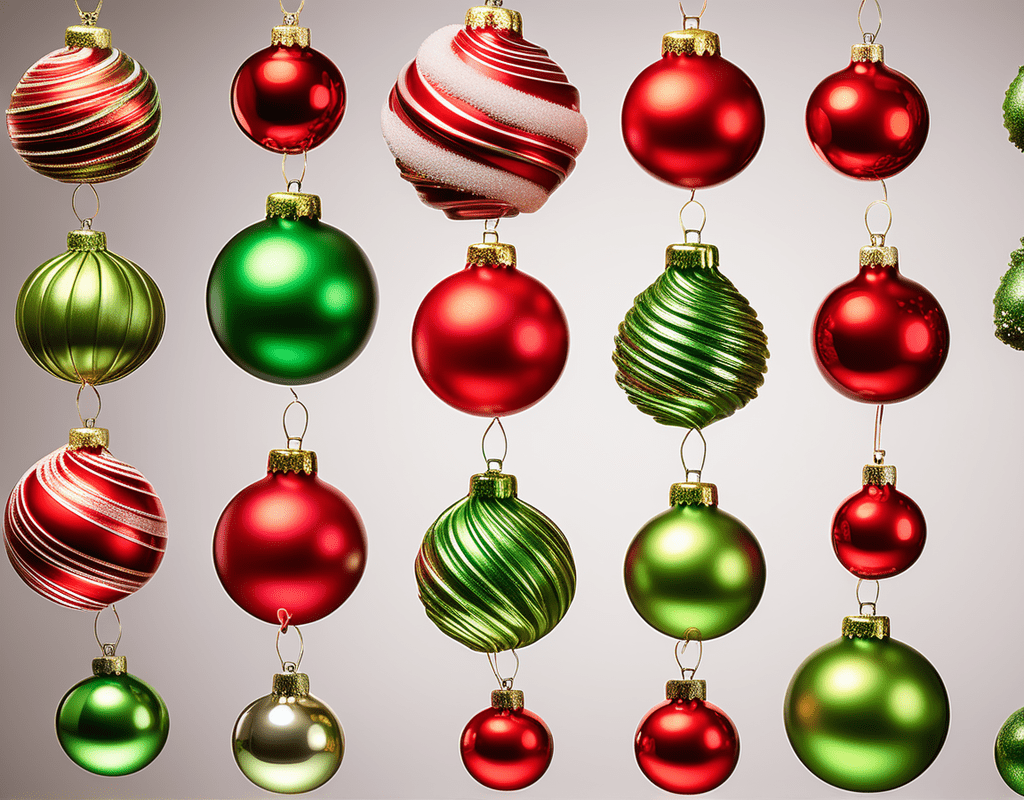 A mix of red and green ornaments in varying shades, illustrating the diversity in color to enhance the traditional color scheme of the Grinch Christmas Tree.