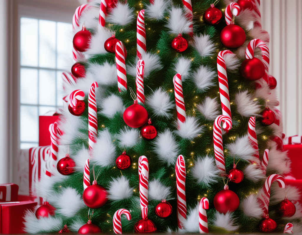 A close-up shot of Candy cane decorations is integrated into the Grinch Christmas tree, showcasing the classic red and white stripes that add a timeless and festive touch to the overall design.