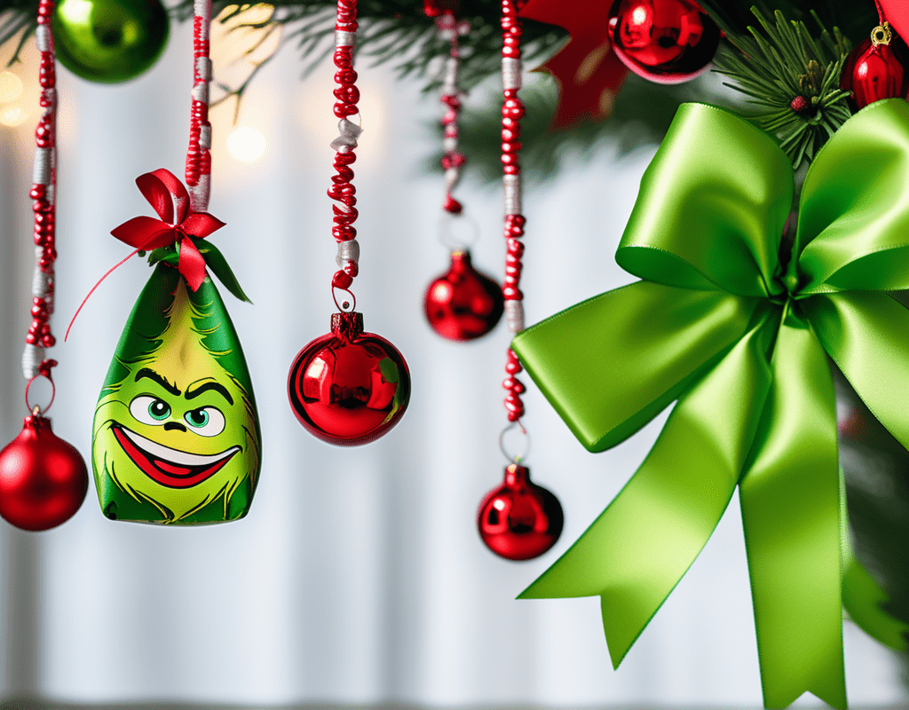 A close-up image of a Grinch-themed ribbon garland wrapped around the tree featuring motifs, quotes, or images of the Grinch to tie together the various decorations.