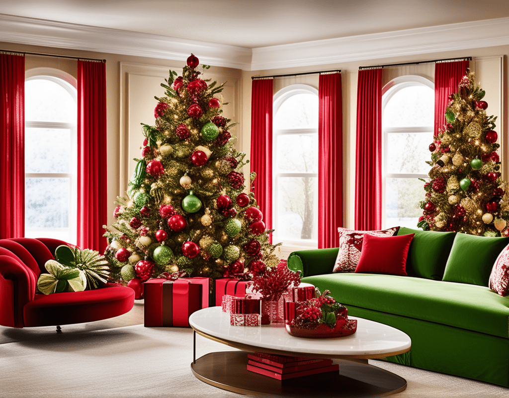 A festive living room with a beautifully decorated Grinch Christmas Tree as the centerpiece. The tree features a vibrant color scheme of red and green with whimsical Grinch-themed ornaments.