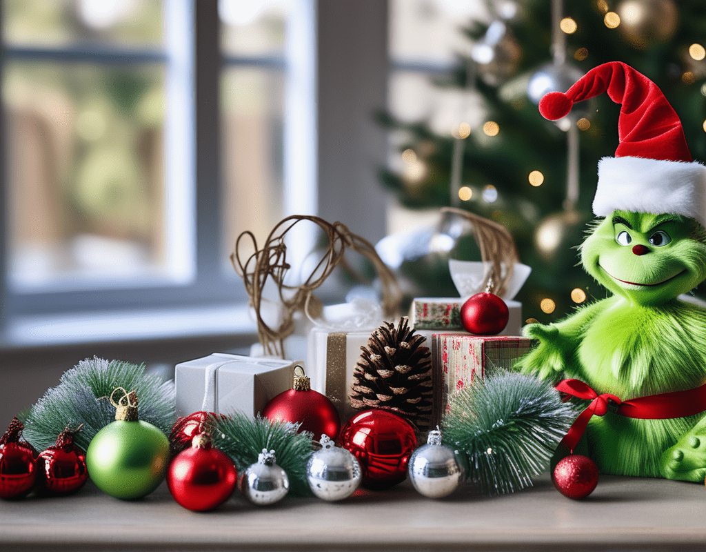 An array of materials spread out on a table, including greenery, ornaments, ribbons, and Grinch-themed decorations, highlighting the items needed to bring the Grinch to life.