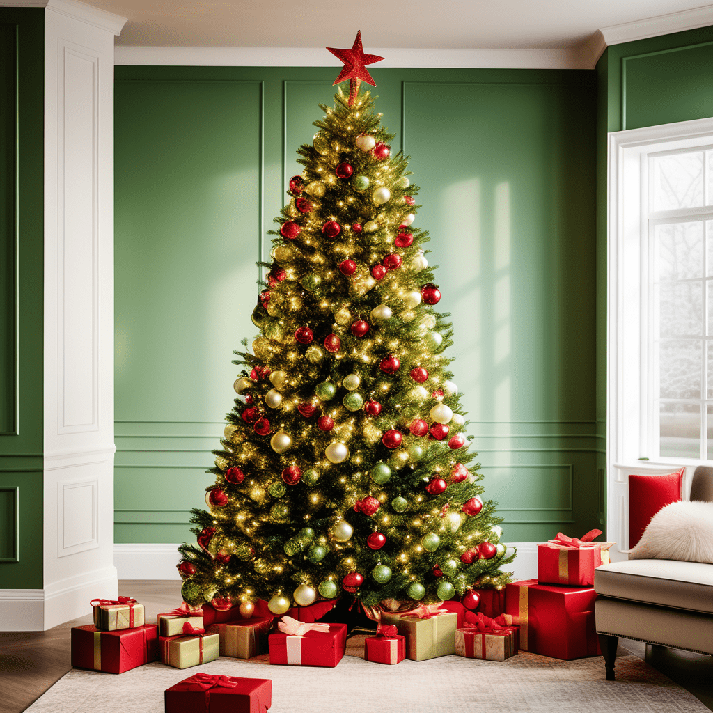 An image displaying a Grinch Christmas Tree lit up with warm white lights, showcasing the chosen color scheme dominated by shades of green and red.