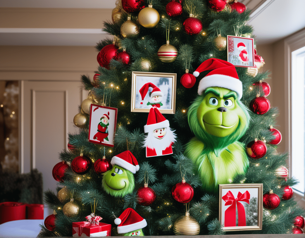 A Grinch-themed Christmas Tree with family photos as ornaments.