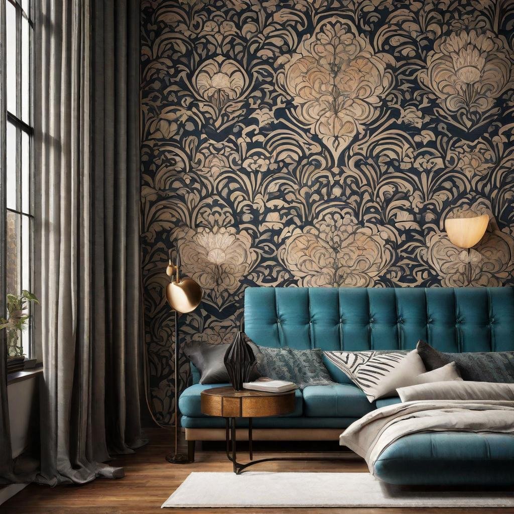 A stunning accent wall adorned with vibrant wallpaper featuring intricate patterns and textures, adding  unique home interior decorations touch to the room's decor.