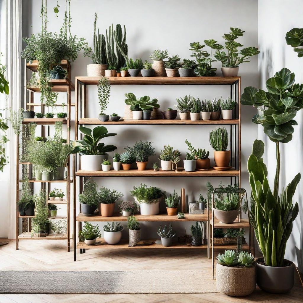 A beautifully decorated interior with various plants, ranging from small succulents on shelves to large leafy greens in stylish planters, bringing a refreshing and natural ambiance to the space.