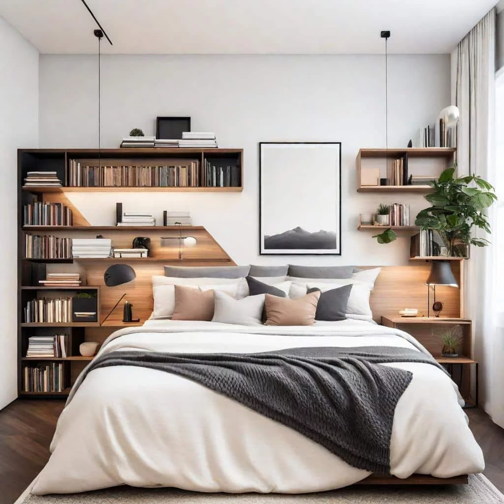 A bedroom with bookshelves behind the bed and creatively designed.