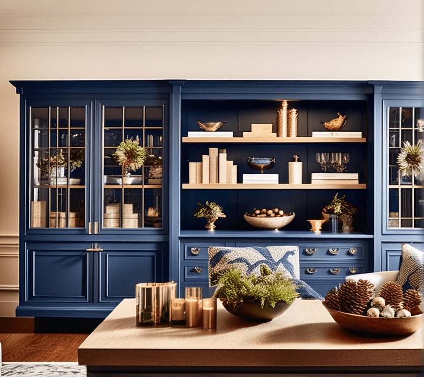 An inviting image of a living room cabinet adorned with seasonal decorations. The doors are open, revealing a rotation of festive ornaments, wreaths, and thematic items. This dynamic display adds a touch of seasonal cheer to the living space, showcasing the versatility of the cabinet's decor.