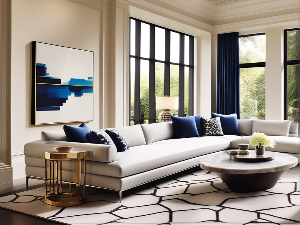 A stylish living room featuring a beautifully designed area rug that enhances the room's aesthetic, adding both style and comfort.