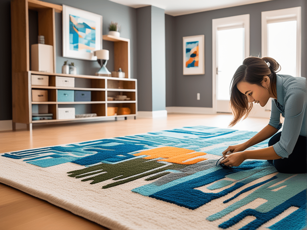 Image of individuals engaging in DIY rug projects, demonstrate the creative process of adding a personal touch to rugs, making them unique and reflective of individual personalities.