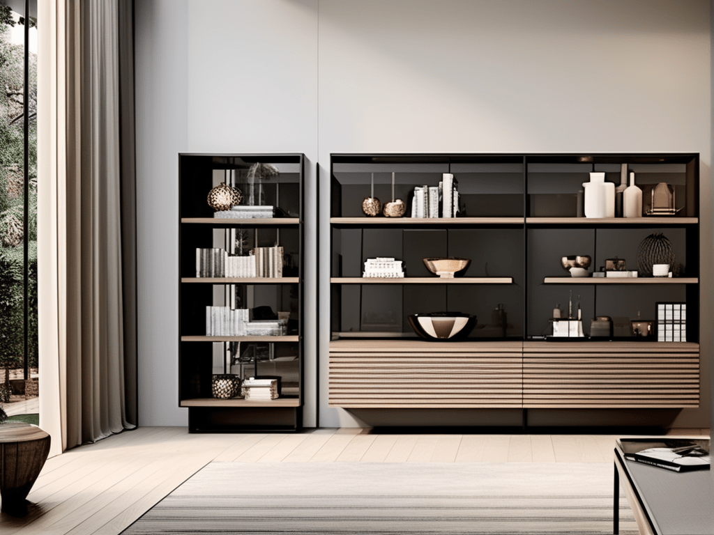 A captivating image of a living room cabinet with modern geometric displays. Decor items with strong geometric shapes, such as vases and sculptures, are artfully arranged inside the cabinet. The clean lines and organized layout contribute to the modern and visually striking aesthetics of the living room.