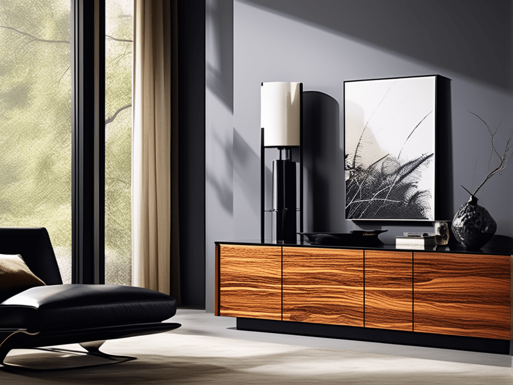 A striking living room cabinet with artful contrasts. Light and dark elements, mixed materials, and diverse textures create a visually stimulating composition inside the cabinet. This image emphasizes the bold and dynamic nature of modern design, making a statement within the living room space.