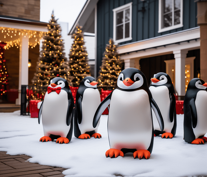 An outdoor Christmas decoration of penguin inflatables standing tall in an outdoor space.