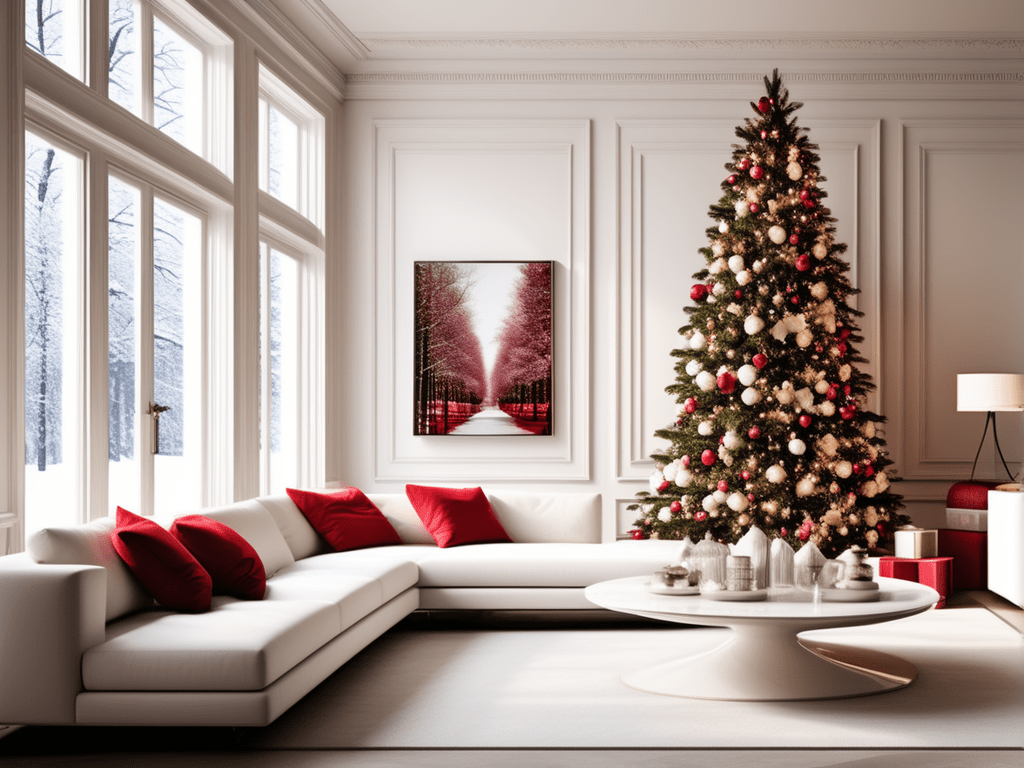  A striking visual of a Christmas tree that beautifully balances the contrast between White and Red. In the living room.