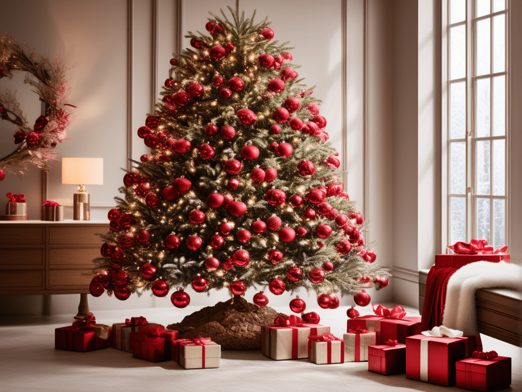 An enchanting snapshot of a Christmas tree adorned entirely in red ornaments. The monochromatic look radiates purity and simplicity, creating a serene and visually stunning centerpiece that captures the magic of the season.