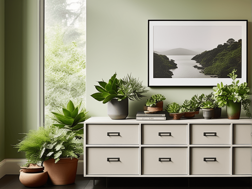 A delightful scene featuring a living room cabinet adorned with cabinet-top greenery. Small potted plants and succulents are arranged on the cabinet surface, adding a touch of nature to the space. This image showcases how greenery can seamlessly integrate with the decor, bringing freshness to the room.