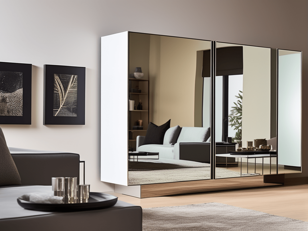 An image illustrating a small living room cabinet with a mirror as its backing. The mirror creates a sense of depth and openness, reflecting the surrounding decor and making the room appear larger. This design choice not only adds functionality but also contributes to the visual expansion of the living space.