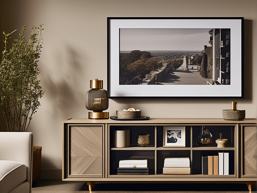 A image showcasing a small living room cabinet with rotating decor items. Framed photos, decorative trays, and curated collections are periodically switched, keeping the decor fresh and dynamic. This image highlights the versatility and adaptability of the cabinet's top surface for changing displays.