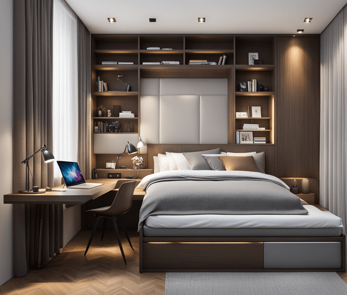 A bed seamlessly transforms into a sleek desk, showcasing the versatility of dual-purpose furniture in a small bedroom. The bed is neatly tucked away, revealing a functional workspace with a laptop and stationery.