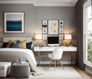 A small bedroom office with a light and neutral color palette, creating a visually spacious feel. Pops of color from decor items, such as cushions and artwork, add vibrancy to the small bedroom office without overwhelming the limited space.